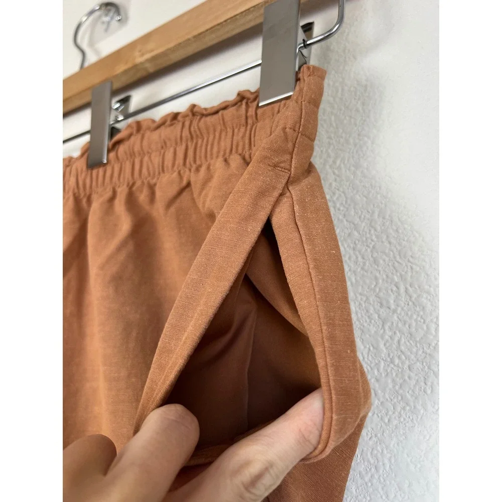 H&M Linen Blend Wide Leg Crop Pants XL Rust Brown Pull On Elastic Waist Coastal‎
